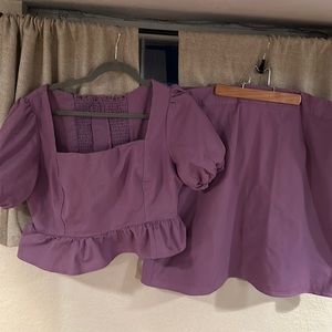 Hand-made Linen Two Piece Set, Puff Sleeves, A-line skirt